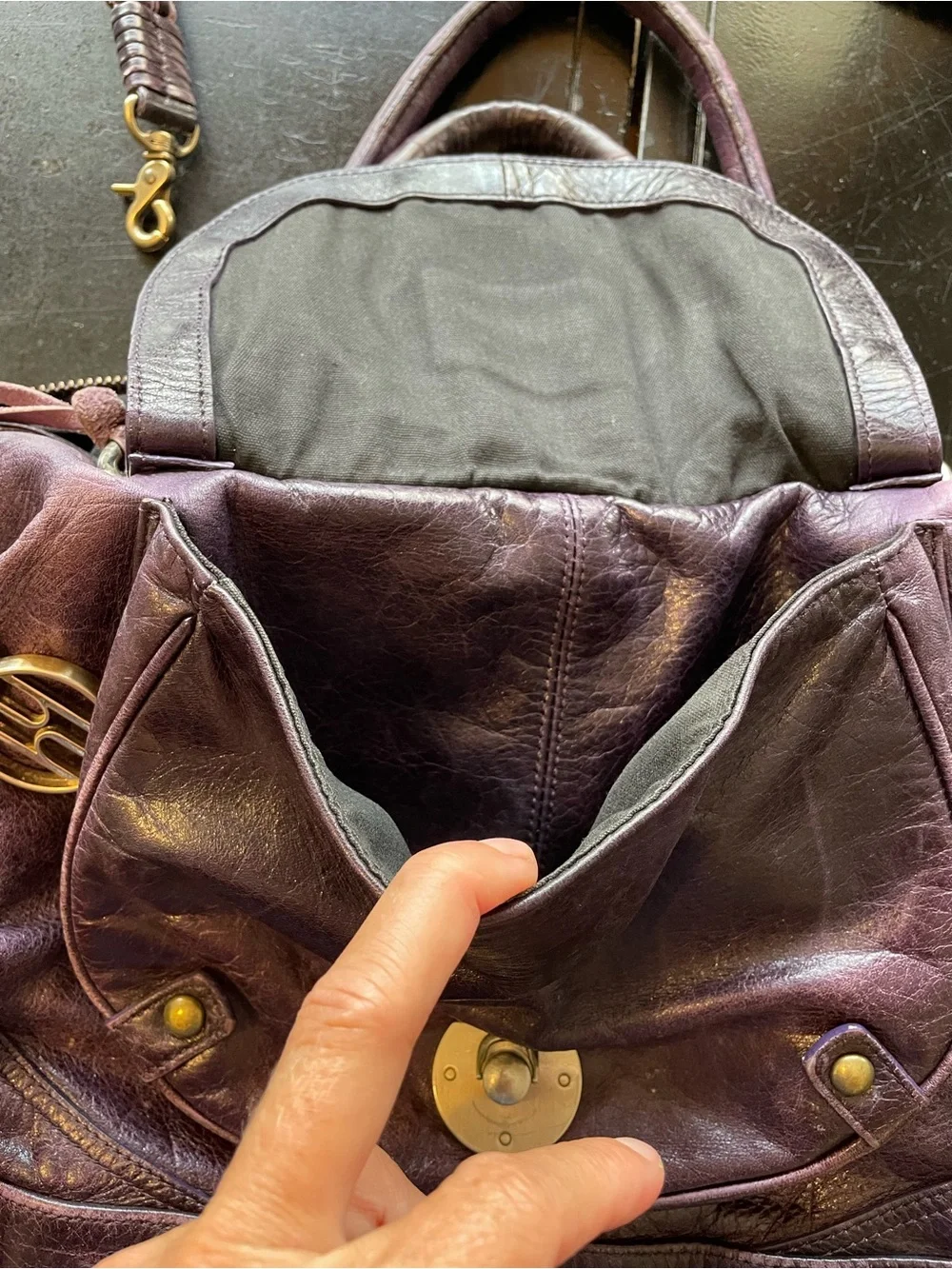 Plum Leather Satchel with Brass Accent Hardware